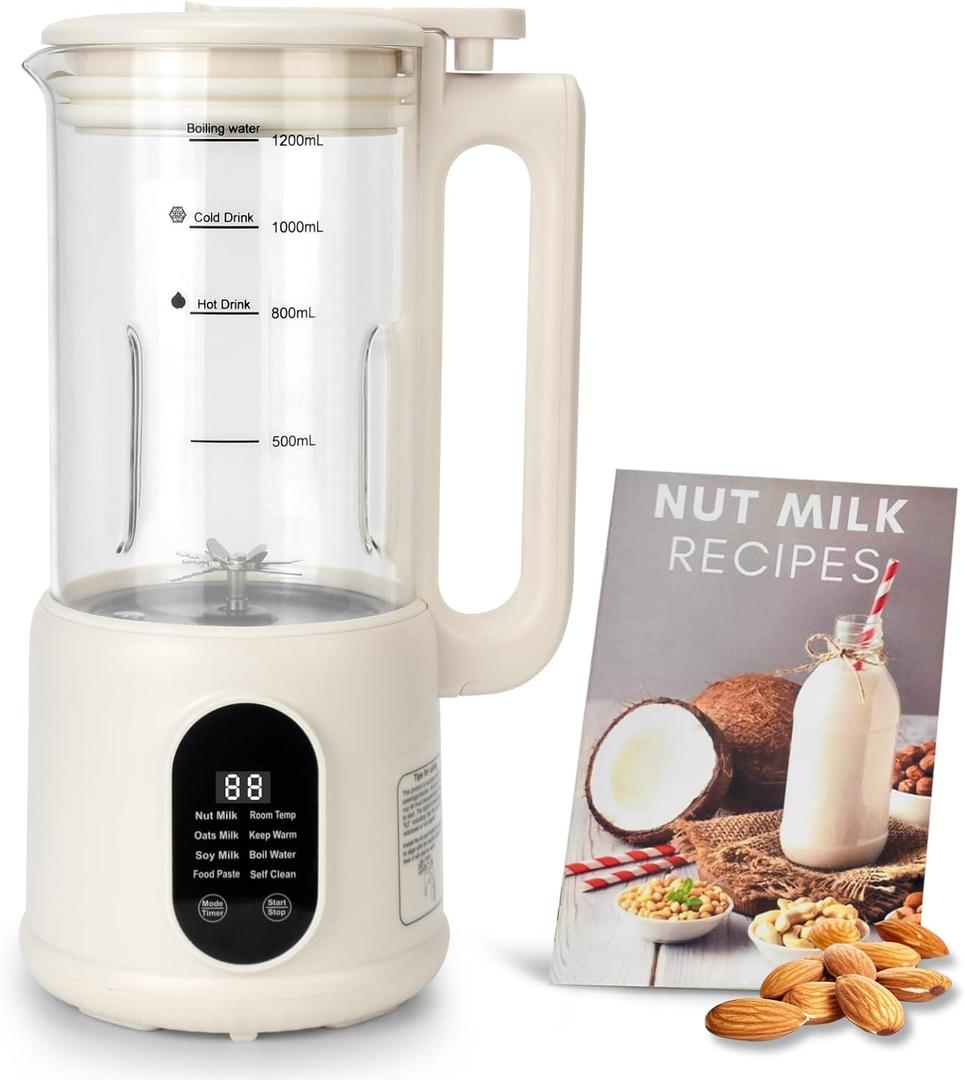 Automatic Nut Milk Maker, 8 in1 40oz Soybean Milk Machine for Homemade Almond, Oat, Soy, Coconut, Plant-Based Milk and Non Dairy Beverages, 12 Hours Timer/Auto-clean/Room Temp/Keep Warm/Boil/Low-Noise (Beige)