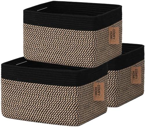 COMFY-HOMI 3PACK Cotton Rope Square Basket with Handles for Shelves|Dog Toy Bin and Storage|Baby Gift|Shoe Organizer|New 13.5" x 11" x 9.5" for Living Room (Black/Jute)