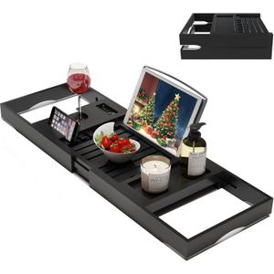 Foldable Bamboo Bathtub Caddy Tray Expandable for Luxury Bath, Bath Accessories & Table with Wine Glass Holder, Book Stand Bathroom Organizer with Extending Sides for Men/Women,Black