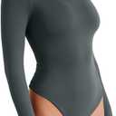 REORIA Womens Long Sleeve Bodysuits Fall Basic Round Neck Lightweight Double Lined Layering Slim Body Suit Tops (Medium, Dark Grey)
