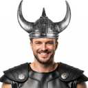 Farochy Viking Helmet with Horns for Adult, Medieval Viking Costume Viking Accessories Plastic Viking Hat Halloween Cosplay (Silver)