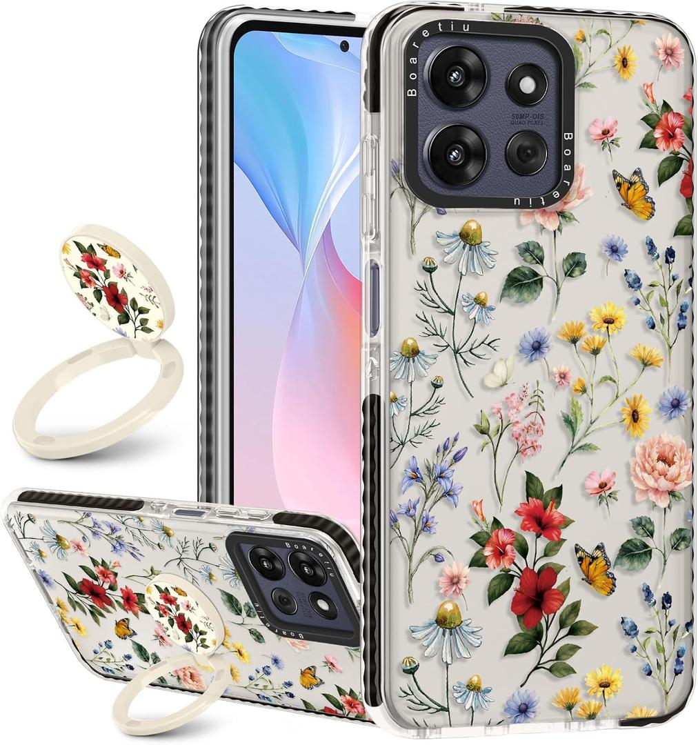 Boaretiu for Motorola Moto G Power/Play 2025 Case - with Stand Cute Kawaii Fashion 360 Rotate Ring Holder Kickstand Purple Flower for Women Girls Boys Teens Girly Case for Moto G Power/Play 2025