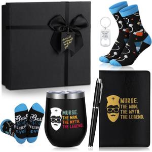 6 Pcs Nurses Gifts for Men Male Nurse Nursing Appreciation Gifts 12 oz Stainless Steel Cup Socks Keychain Pen Notebook Box for Male Doctor Medical Assistants Practitioner Nursing