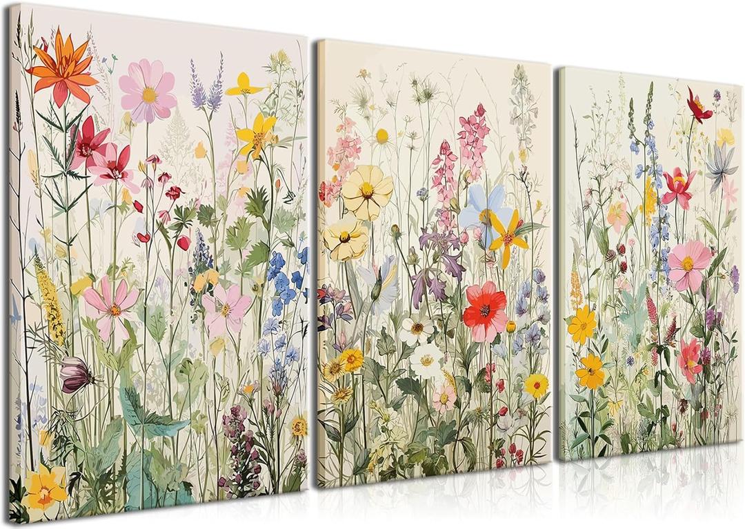 KISSFOX Framed Colorful Wildflower Canvas Wall Art Set Of 3 Flowers Pictures Prints Flowers Printing Floral Watercolors Flower wall Decor Living Room Girls Bedroom Bathroom (12"x16" Canvas)