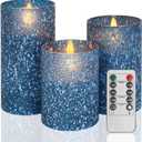 Flameless Candles with Remote - Battery Operated Candles with Timer, Flickering Real Wax LED Pillar Christmas Candles for Wedding, Table, Home Decorations (Blue, Set of 3)