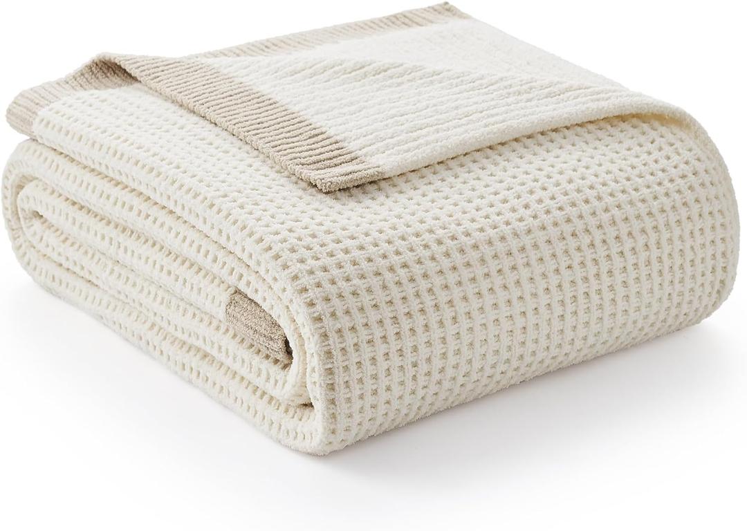 Amlie Home Chenille Waffle Throw Blanket for Couch, Reversible Soft Cozy Knit Blanket Lightweight Warm Decorative Throw for Sofa, Bed, Living Room, 50"x60", Ivory