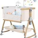 Bassinet Bedside Sleeper,Bedside Bassinet,Rocking Bassinet,3 in 1 Portable Bedside Crib with Mattress,Mobile,Mosquito Net,Storage Basket,6-Height Adjustable Baby Bassinet with Wheels for Newborn,Beige