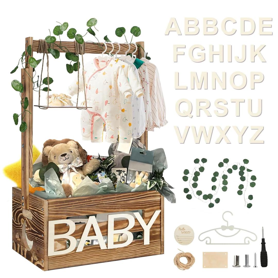 Wooden Baby Shower Crate Closet, Baby Shower Basket with 33.5" High Hanger Rack and Swing, DIY Baby Welcome Box with Handle, Easy Assembly Storage Crate for Pregnancy New Parent, Brown
