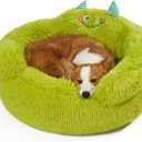Jiupety Cute Calming Dog and Cat Bed, Anti-Anxiety Donut for Small Pets, Cozy Soft Pet Round Cuddler Bed with Non-Slip Bottom, L(27"27"14"), Green