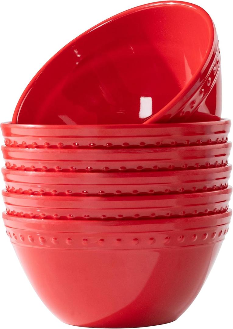 Melamine Beaded Cereal Bowls Set Red, 6 inch, 24oz All purpose/Soup/Salad Bowls Set of 6, Unbreakable Durable, Dishwasher Safe, BPA Free - Perfect for Soups, Salads, Cereal & Entertaining