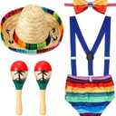 Geyoga Baby 1st Birthday Mexican Outfit Cake Smash Outfit Suspender Bloomers Tie Hat with Wood Rumba Shakers Rattle (Bright Style)