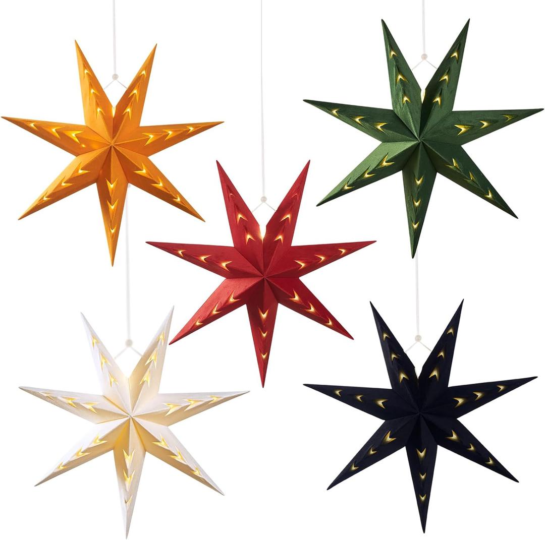 5PCS Flocked Paper Star Lantern with Lights - 12 inch Hanging 3D Christmas Paper Star Lampshade 7 Points Christmas Stars Lights Foldable for Xmas Wedding (7-pointed-velvet)