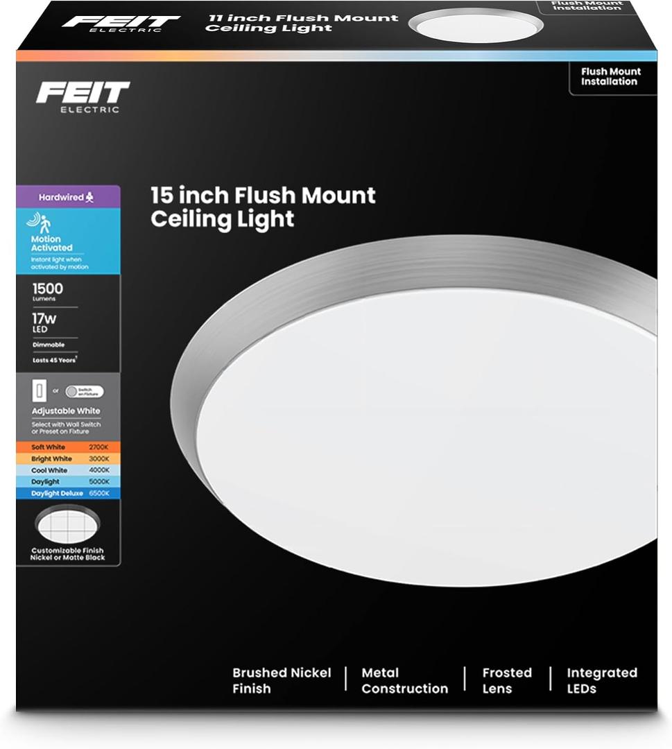 Feit Electric 15in. Round LED Flush Mount Ceiling Light with Motion Sensor, Adjustable White 2700K–6500K, 1500 Lumens, Dimmable, Brushed Nickel Trim with Matte Black Option, FM15RTLP/6WY/MM/BK
