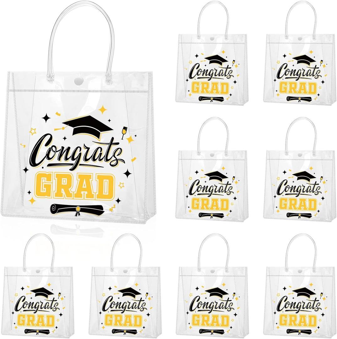 Amylove 12 Pcs Graduation Clear Plastic Gift Bags with Handles Reusable PVC Favor Bag for College Graduation Party(Black)