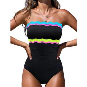 popvil One Piece Swimsuits for Women Tummy Control Strapless Bathing Suits 2026 Neon Bandeau Swimwear (X-Large, Black Lagoon)