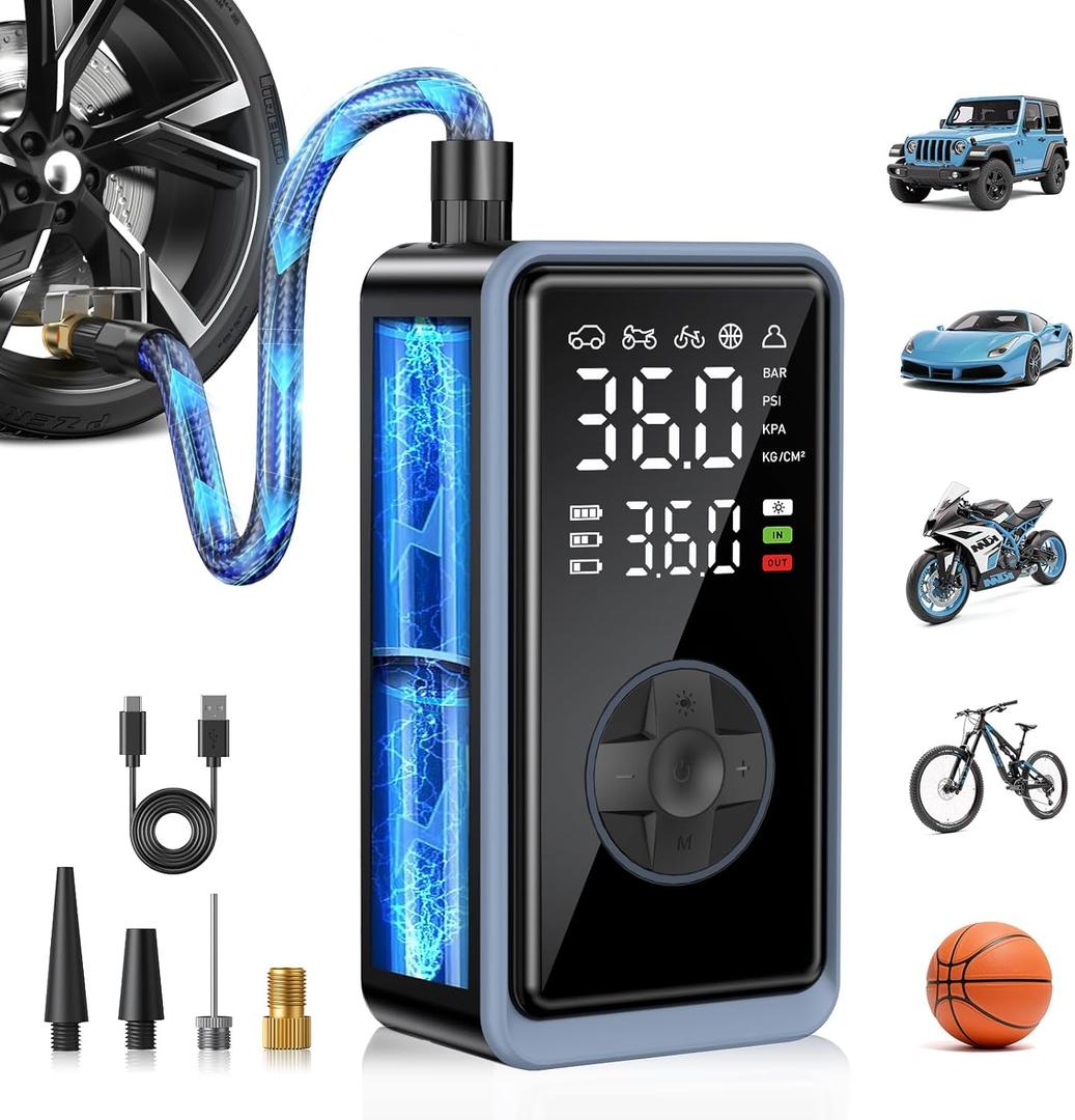 Tire Inflator Portable Air Compressor - 150PSI Cordless Air Pump for Car Tires, Portable Tire Inflator for Car, Air Compressor with Pressure Gauge/LED Light for Auto/Bike/Motorcycle/Ball (Dark Black)