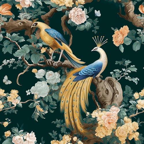 ReWallpaper Luxury Chinoiserie Wallpaper Peel and Stick Dark Green Oriental Floral Wall Covering Self Adhesive Peacock Wall Mural Removable Vintage Wallpaper for Kitchen Bedroom Bathroom 17.5in x 10ft