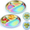 AIEVE Stainless Steel Kids Dinnerware Plates with Suction,2 Pack Round Divided Toddler Plates 9 inch with Removable Silicone Suction