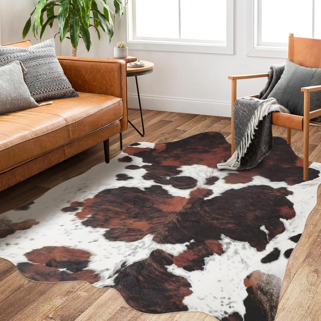 Cowhide Rug Faux Cowhide Rugs Cow Hide Animal Print Rug Brown Non-Slip Area Rug Western Decor for Living Room, Bedroom, Office(4.6x5.2ft)