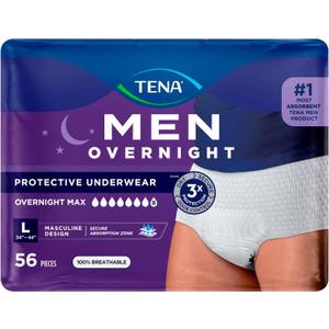 TENA Men Protective Incontinence Underwear for Men, Overnight Max Absorbency, White, L, 56 Count