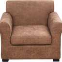 FUANGUI 2 Piece Chair Covers Stretch Arm Covers Chair Couch Covers, Faux Leather Looking Armchair Slipcover with Separate Chair Cushion Cover, Washable Chair Protector for Living Room - Light Brown