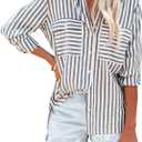 OMSJ Women's Striped Button Down Shirts Casual Long Sleeve Stylish V Neck Blouses Tops with Pockets (Large, Black)
