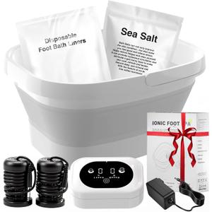 Ionic Foot Bath Detox Machine,Foot Detox Foot Bath Soak Tub with 2 Arrays,80 Disposable Liners,Detox Sea Salt,Folding Foot Spa Bucket,Home Salon-Level Foot Soaking Tub2 (Off White)