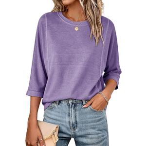 Fanway&EC Women's Casual Summer Tops 3/4 Sleeve Crew Neck T Shirts Loose Fit Tunic Blouses Tee (Purple, XXL)