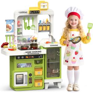 Kids Kitchen Playset, 68 PCS Toddler Kitchen Playset for Toddlers 1-3 3-5, 32.2IN Play Kitchen with Spraying, Light & Sound, Cooking Stove, Play Sink, Oven and Toy Kitchen Accessories (Green)