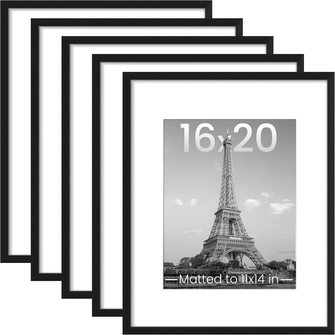5 x upsimples 16x20 Picture Frame Set of 5, Display Pictures 11x14 with Mat or 16 x 20 Without, Wall Gallery Poster Frames, Black