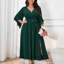 Womens Plus Size Dress Wedding Guest Cocktail Ruffle Half Sleeve Wrap V Neck Slit A Line Maxi Dresses with Belt (Green)
