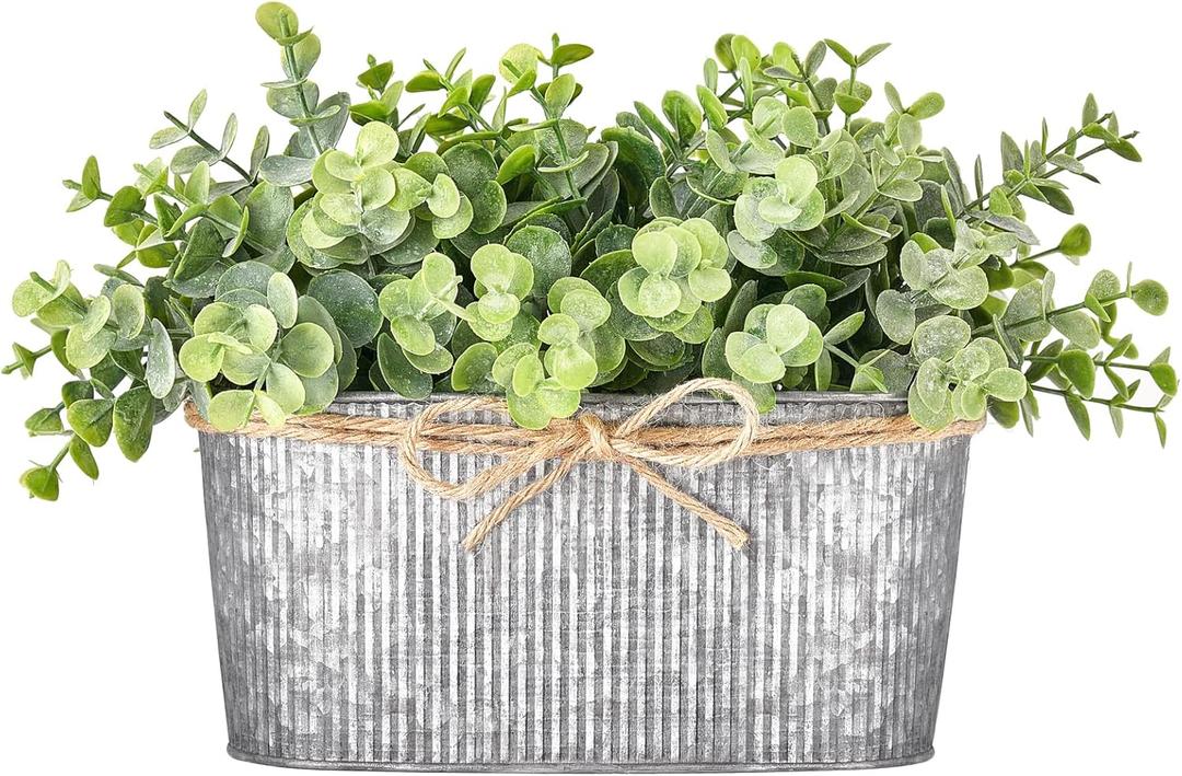 Dahey Artificial Eucalyptus Faux Plants Indoor for Farmhouse Home Decor Fake Potted Plants in Rustic Rectangular Pots Table Centerpiece for Office Bath Living Room Greenery Decor, 7" L x 4" H (Grey)