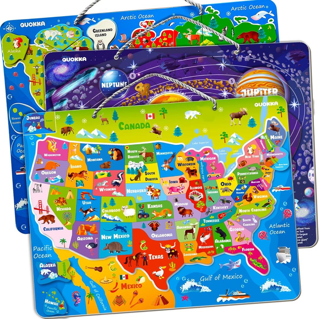 QUOKKA Magnetic Toddler Puzzles Ages 3-5 - 3 Educational Travel Games Puzzles for Kids Ages 4-6 - Space, USA and World Map Learning Toys for Boy and Girl 2-4 Learn United States