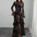 GothDark Womens Floral Maxi Dress Sheer Mesh Bell Sleeve Tiered Ruffle Gothic Romantic Casual Long Dresses (Black, M)