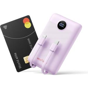 Mini Portable Charger with Built-in Cables 22.5W Fast Charging Power Bank USB-C Small Battery Pack 10000mAh Travel Essential Slim Battery for iPhone 17/16/15/14, Samsung 25/24, and More (Purple)