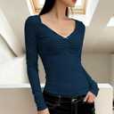 Women's Long Sleeve Slimming Tops Sexy Deep V-Neck Lace Trim Solid Color Short Shirt (L)