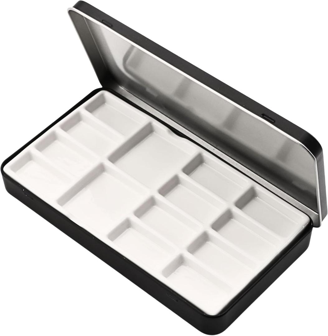Travel Watercolor Palette, Portable Ceramic Palette 14 Well, Watercolor Palette with Lid, Empty Wet Palette Metal Paint Box with Porcelain Palettes(Black Box with Sponge)