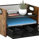 Boershun Wood Desk Organizer  3Tier Desktop File Organizer with Drawer, Wooden Paper Tray, Office Desk Organzier and Accessories for Papers, Mail, Notebooks, Stationery