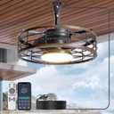 Outdoor Ceiling Fan with Lights - 16'' Wet Rated Gazebo Fan Remote/APP Control, Caged Hanging Fan Plug and Play for Covered Patio Porch, Wood Color