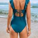 Rainlover Bathing Suit for Women 2025 Ruffle V Neck One Piece Swimsuit Tummy Control Belt Swimwear(Peacock Blue,X-Large) (Blue, XL)