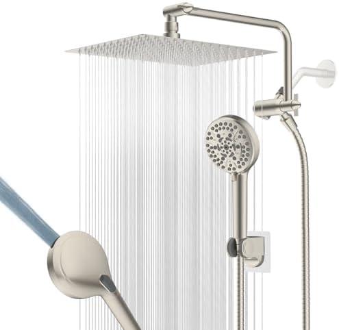 12" All Metal Shower Head, High Pressure 10-Spray Handheld Showerhead Rainfall Shower Head Combo with 11" Adjustable Shower Extension Arm, 71" Hose, Shower Head Holder, Brushed Nickel