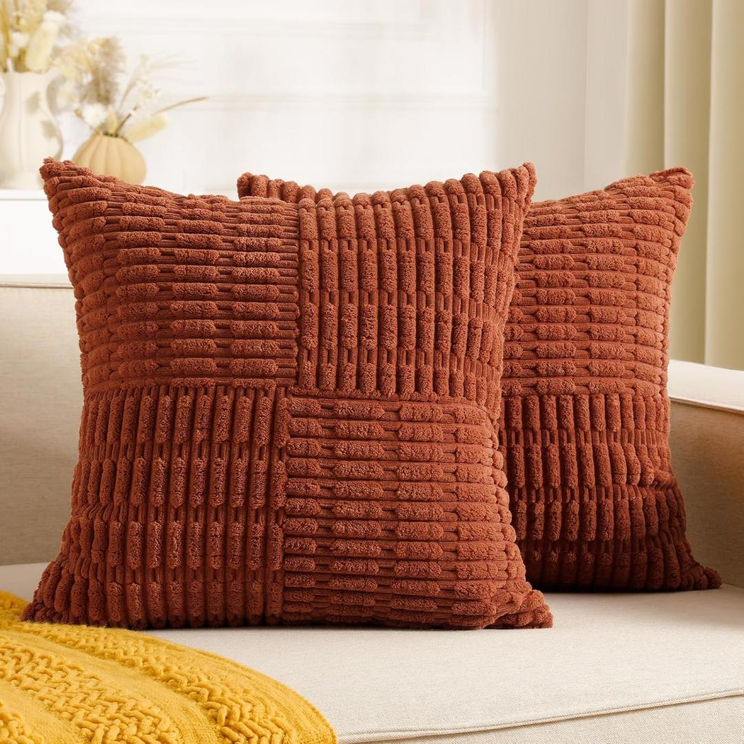 Fall Throw Pillow Covers 18x18 Inch, Set of 2 Burnt Orange Soft Corduroy Boho Textured Pillow Cases Farmhouse Decorative Cushion Covers for Halloween Couch Patio Living Room Sofa, Rust