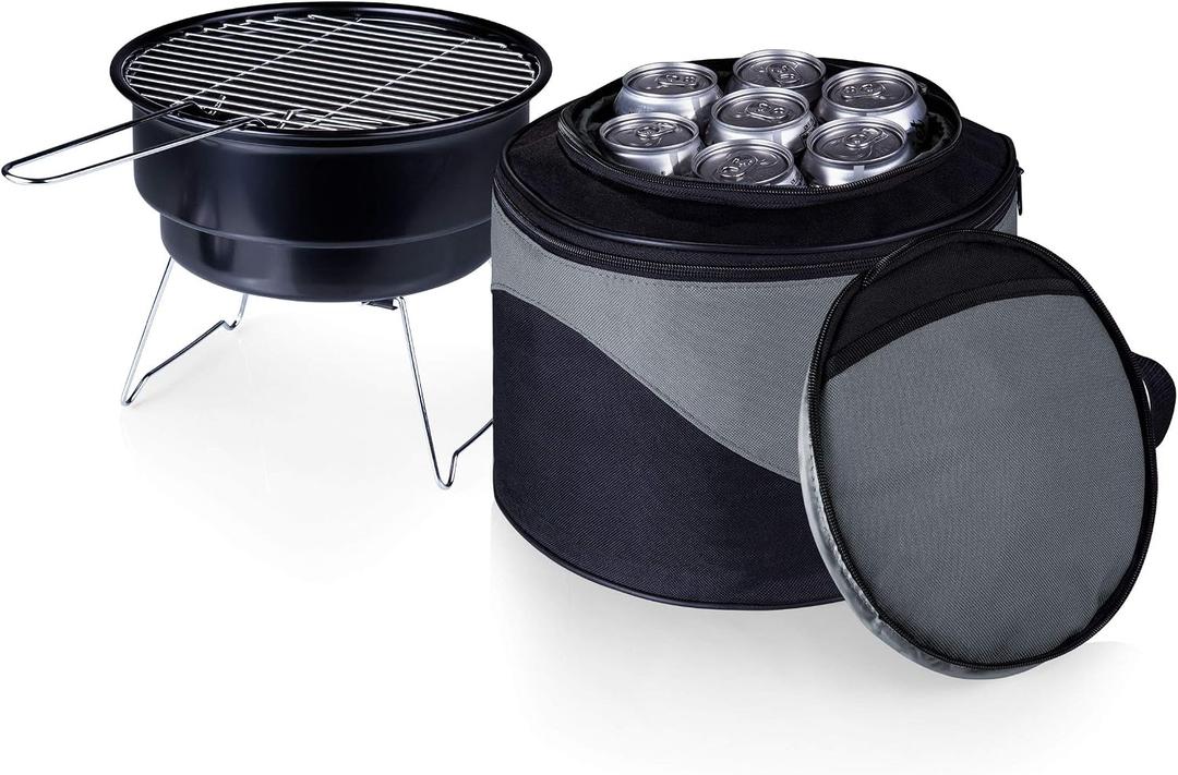 PICNIC TIME Caliente Portable Charcoal Grill & Cooler Tote, Take Anywhere BBQ Grill with Enameled Fire Bowl and Carrying Tote that Doubles as Cooler for Outdoor Cooking Use, (Black with Gray Accents)