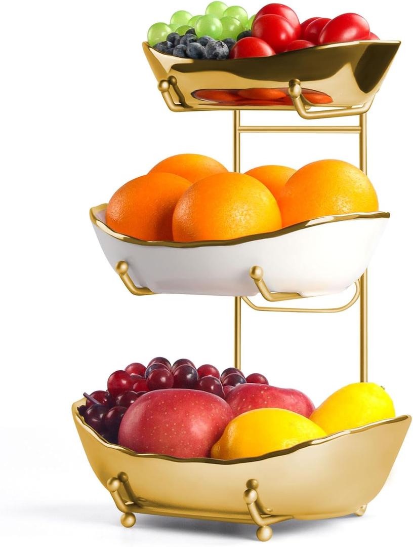 Fruit Basket for Kitchen Counter, 3 Tier Ceramic Serving Bowls with Metal Stand, Fruit Bowl for Kitchen Counter, Tiered Fruit Rack for Snack Vegetable Storage, Nuts, Dessert in Party(Gold)
