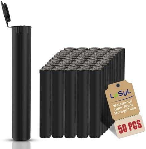 LaSyL 116mm Pre Roll Tubes - 50 Pcs, Waterproof Airtight Odor Sealing Smell Proof Container with Squeeze Pop Top, BPA Free, Black