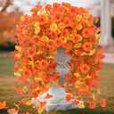 Fall Flowers for Outdoors, Halloween Fake Mums, 2 Bundles Hanging Morning Glory UV Resistant Artificial Bouquets for Autumn Porch, Realistic Faux Floral Fall Decor (Orange Yellow)