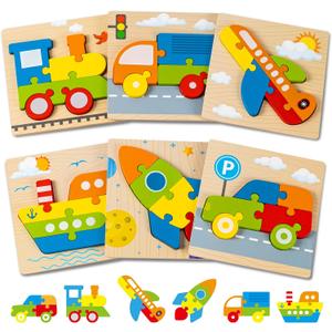 Wooden Vehicle Puzzles Toy Gift for 1, 2, 3 Years Old Boys Girls, Toddler Best Birthday Gift with 6 Vehicle Baby Montessori Color Shapes Learning Puzzles - Kids Educational Developmental Toys
