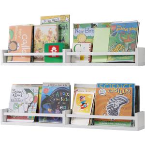 White Nursery Bookshelves Wall Mounted, 32inch,Wood Floating Wall Bookshelf for Kids,Hanging Shelf for Baby Nursery Room Decor,Set of 2,Pine