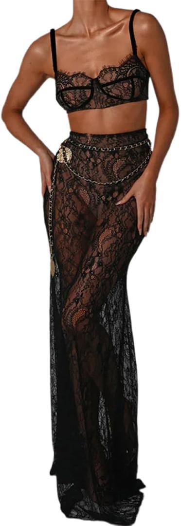 Women 2Pcs Lingerie Set Lace See-Through Sleeveless Camisoles High Waist Long Skirts with Chain Sleepwear, Size M
