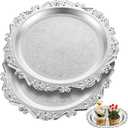 2 Pcs Silver Serving Plates 9.8 Inch Round Platter Serving Tray Decorative Vintage Metal Dessert Plates Vanity Trinket Dishes Jewelry Storage for Wedding Birthday Party Centerpiece